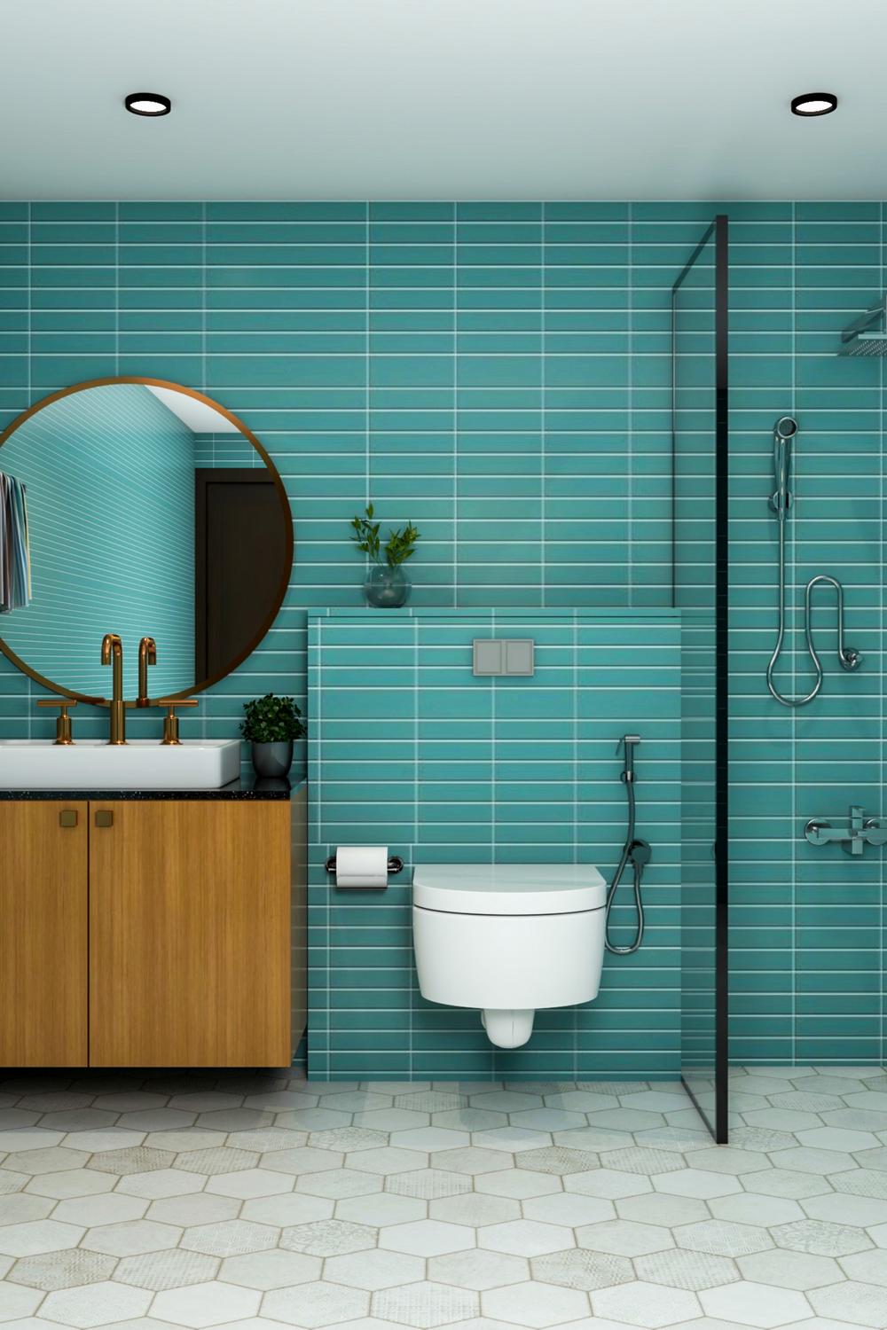 Baño vibrante con azulejos turquesa y corazón de granito