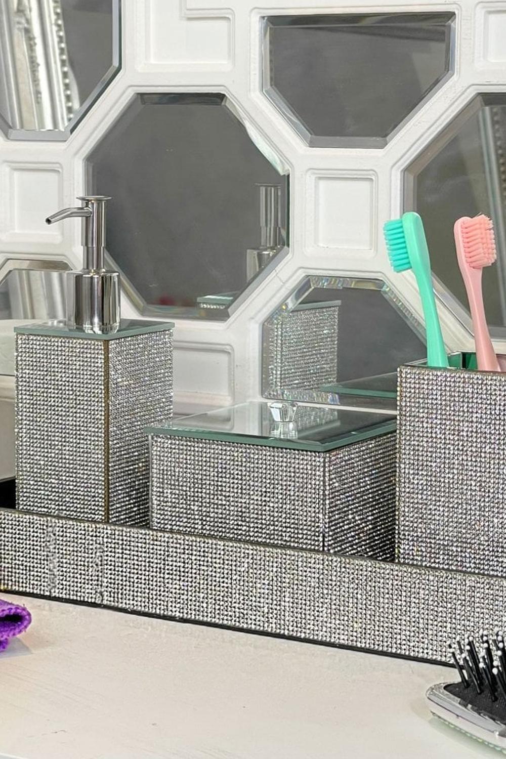 Elegant sparkling vanity tray adorned with rhinestones, holding beauty essentials.