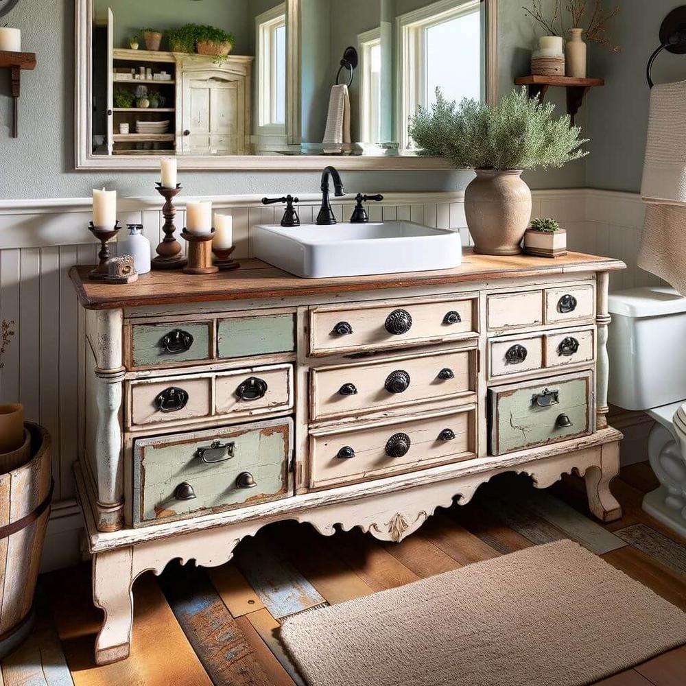 Baño luminoso con mueble de baño vintage y estilo moderno