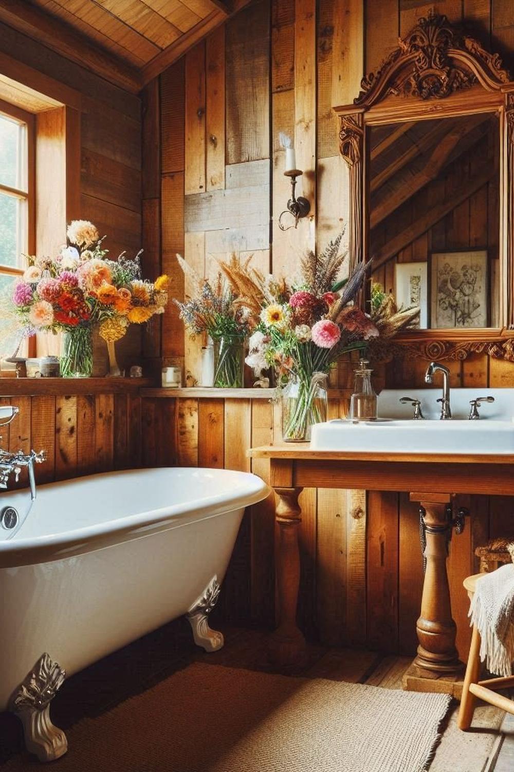 Baño rústico y atractivo con decoración vibrante