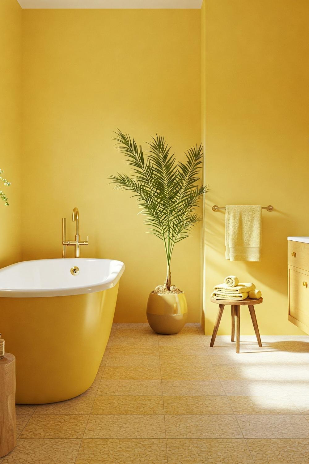 A cheerful bathroom featuring sunny yellow walls and elegant fixtures