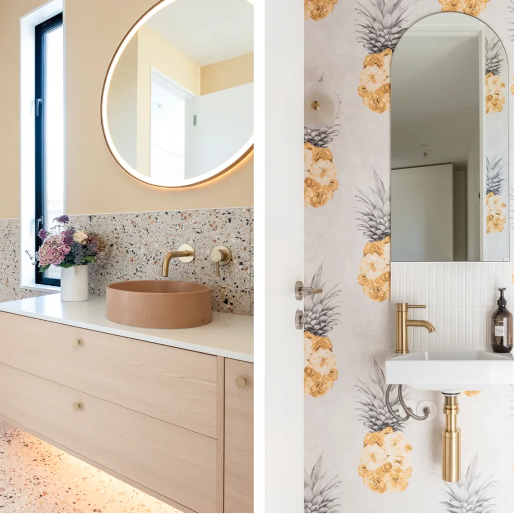 A two-part bathroom design featuring floral accents and earthy tones
