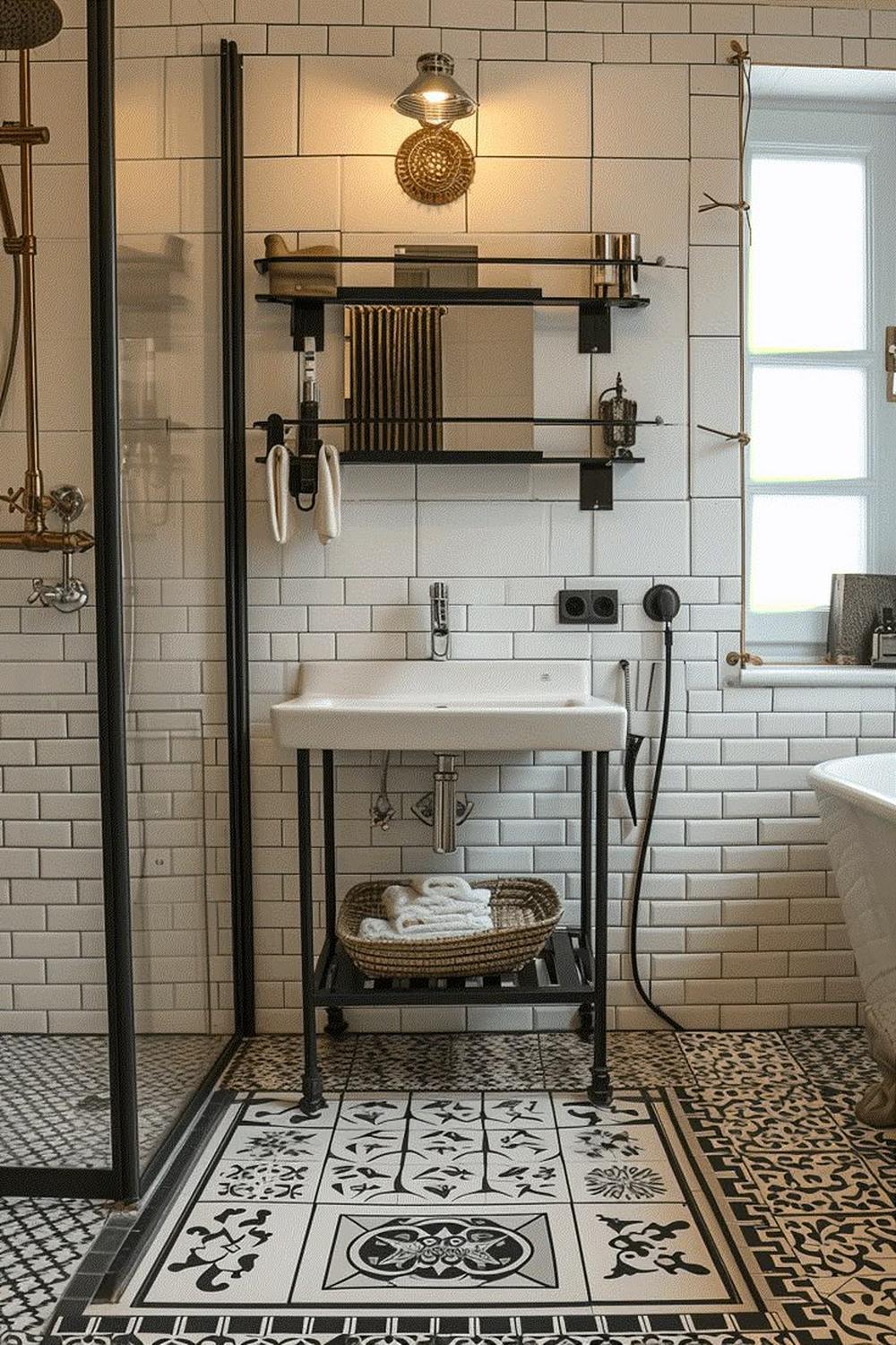 A stylish Victorian-inspired bathroom showcasing intricate tile work and a freestanding wash basin.