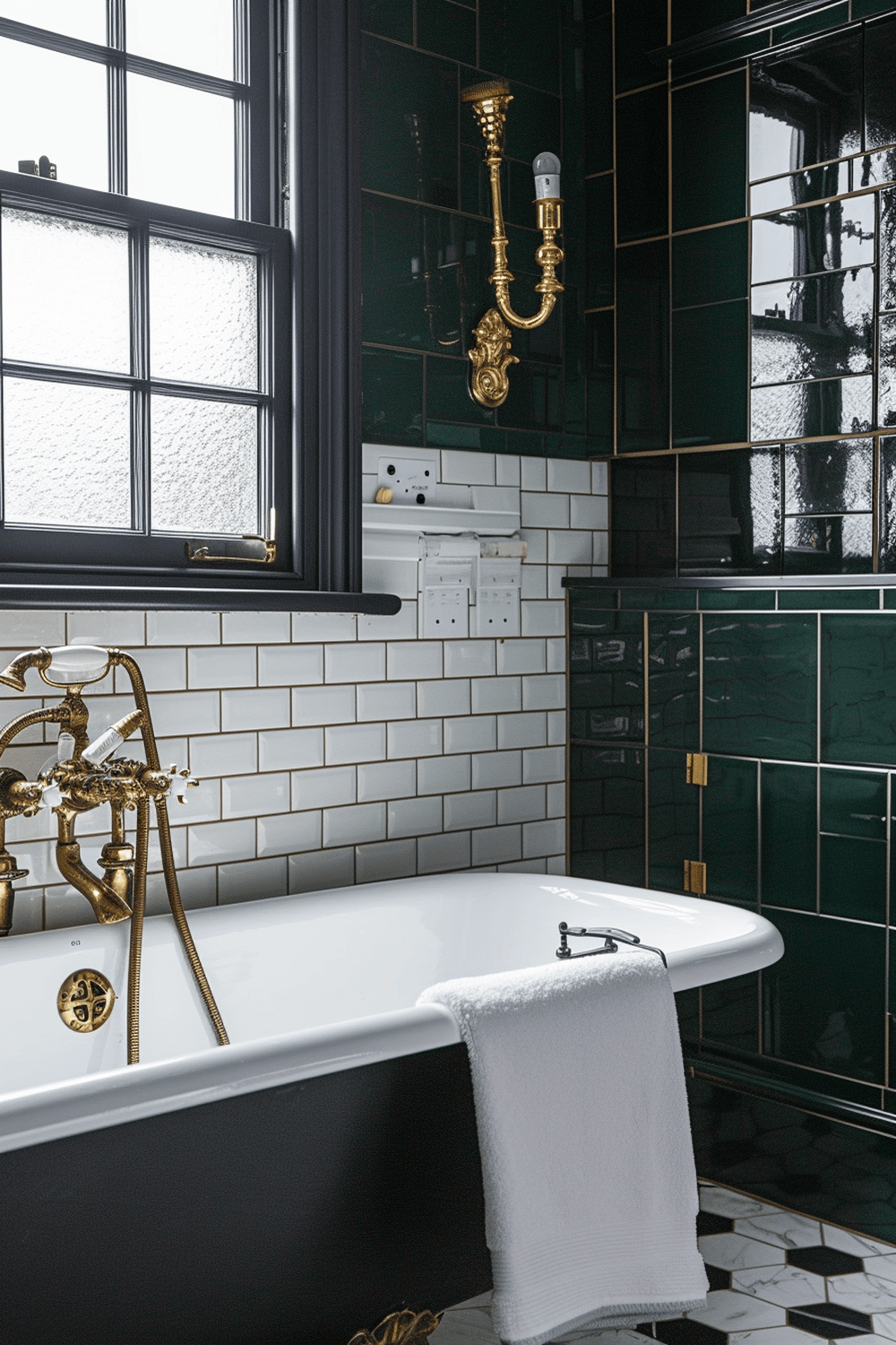 An elegant Victorian bathroom featuring intricate gold fixtures against a wall of dark green tiles.