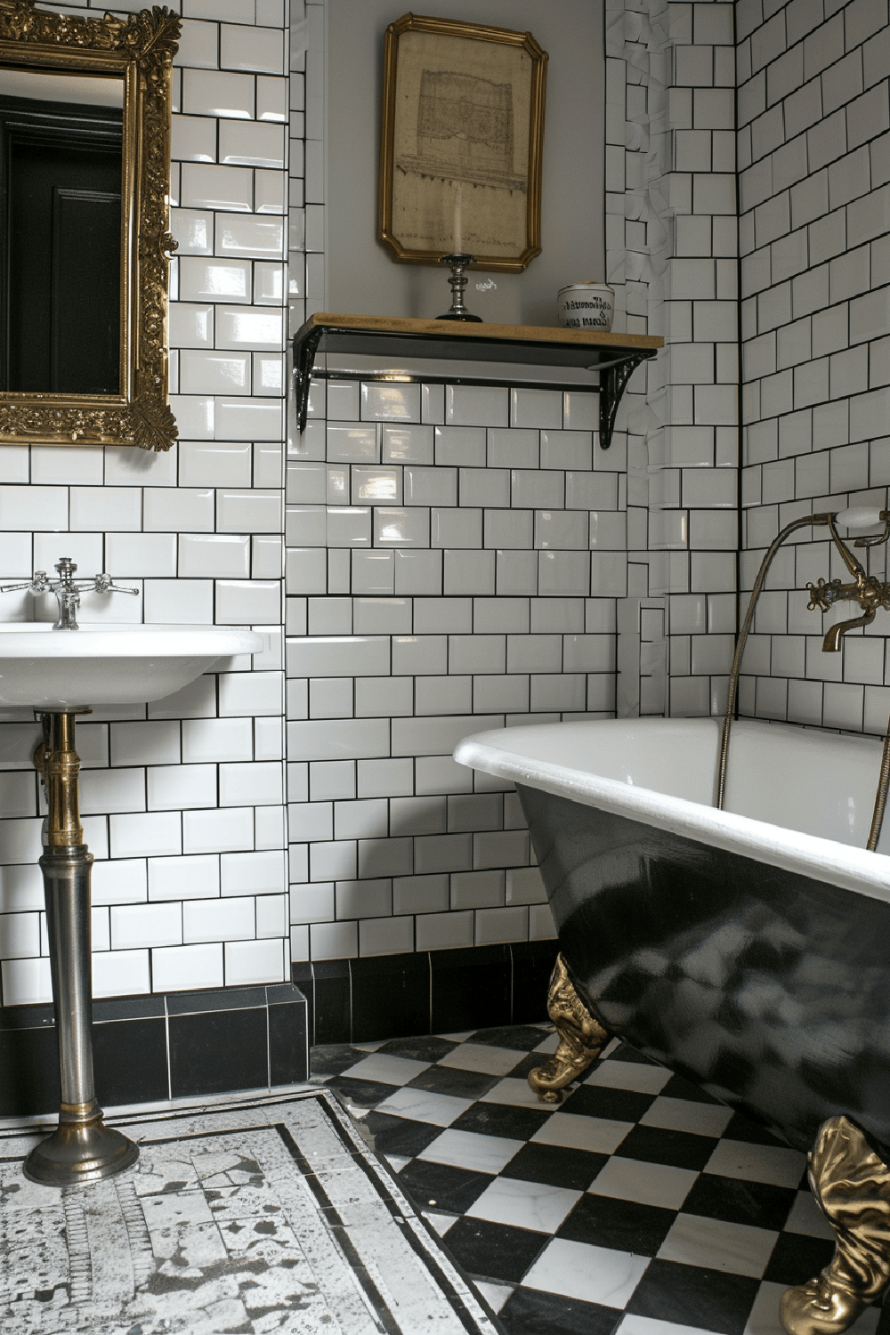 A Victorian-style bathroom with glossy white tiles and a clawfoot bathtub.