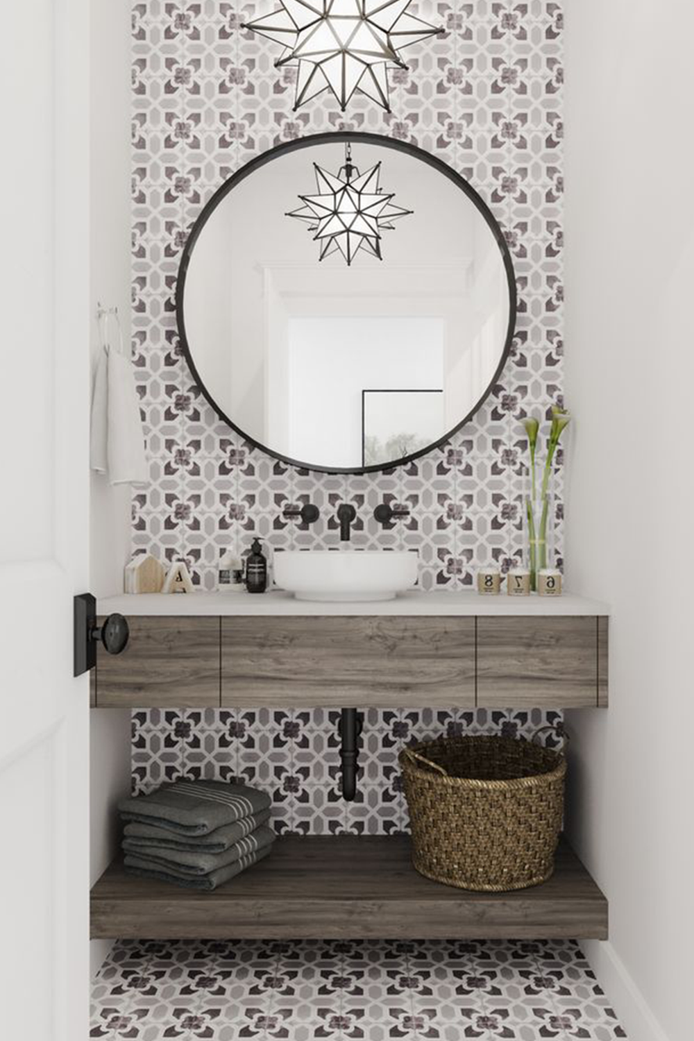 Contemporary vintage bathroom featuring gray and white tiles, a round vanity sink, and star-shaped pendant lights.