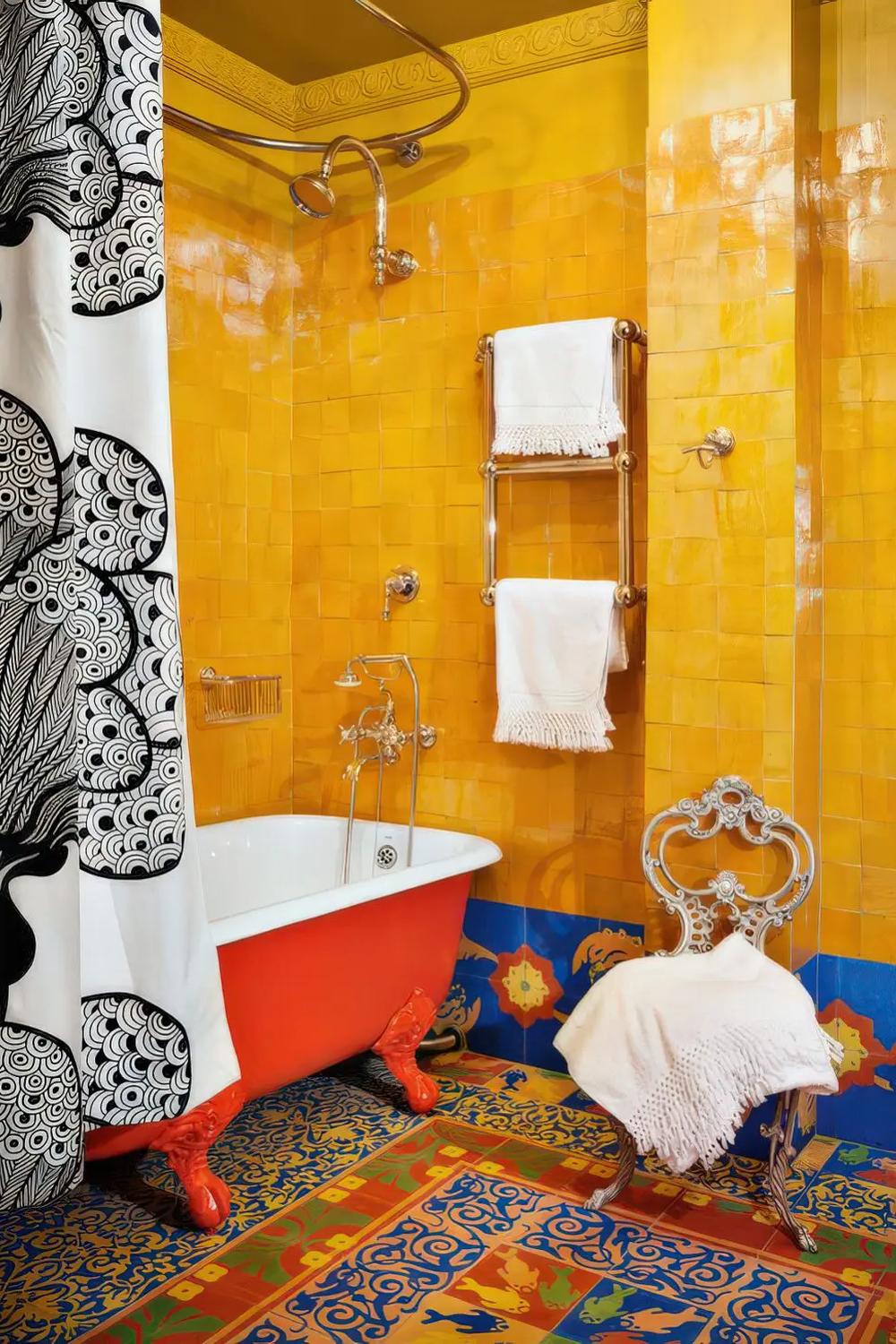 An exuberant vintage maximalist bathroom featuring rich yellow walls and a red clawfoot bathtub