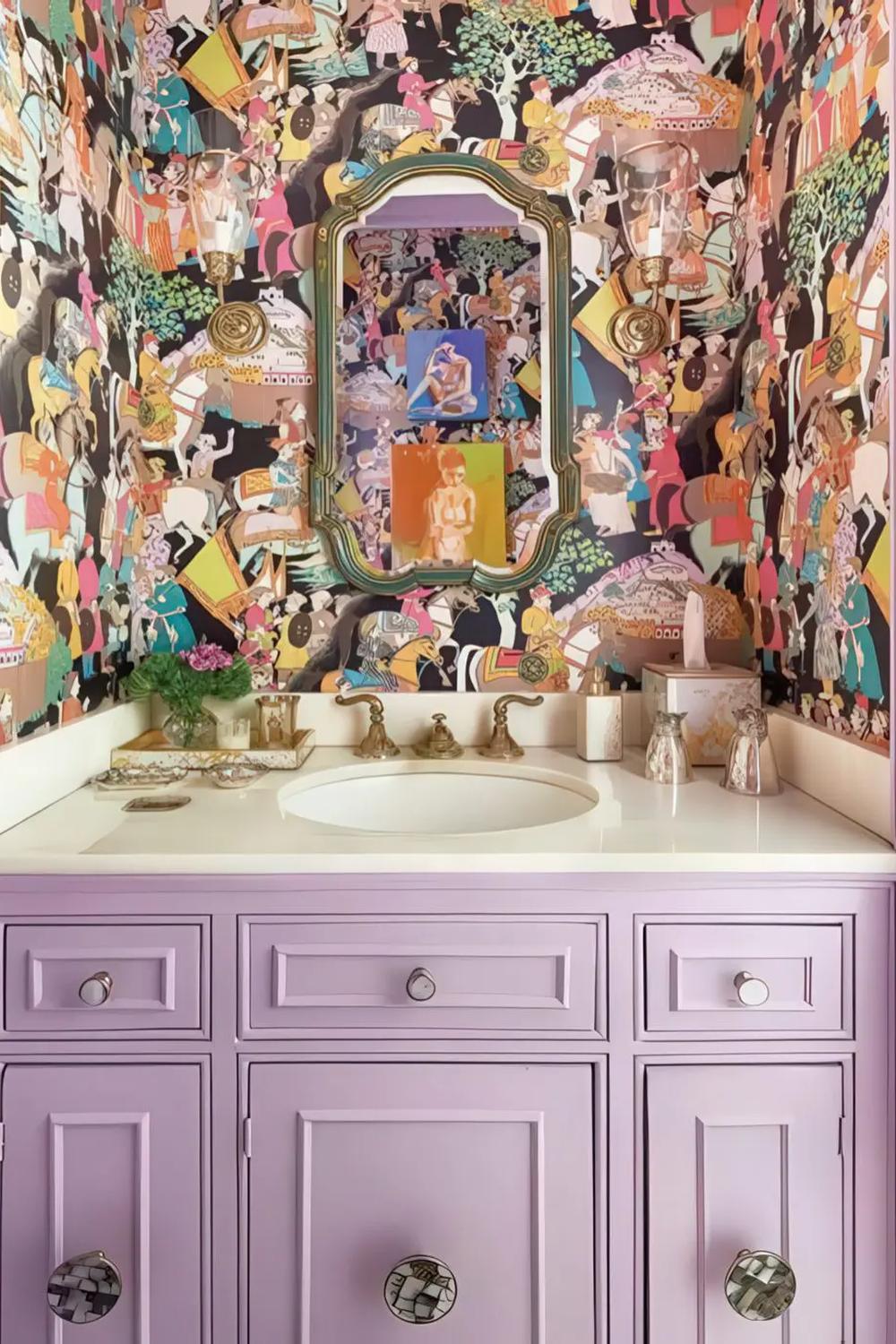 A vibrant whimsical vintage maximalist bathroom with graphic wallpaper and an ornate mirror