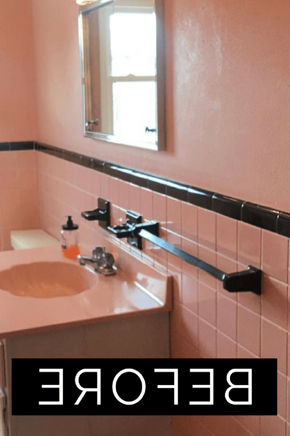 Colorful vintage bathroom with unique pink tile patterns and fixtures.