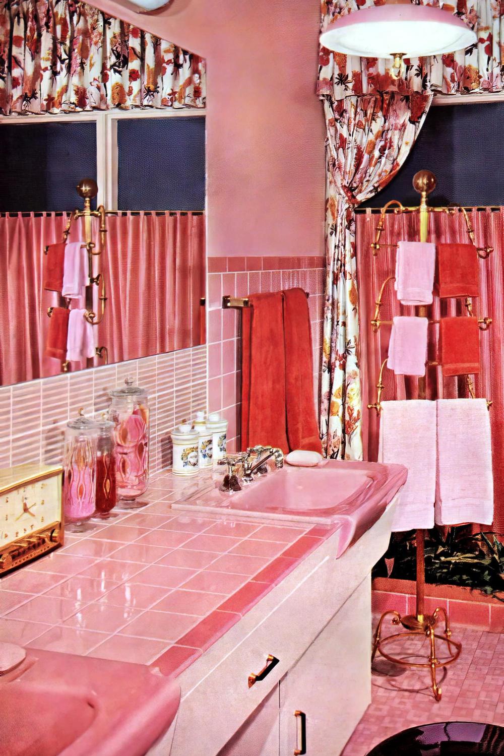 Vintage pink tile bathroom featuring bright accents and cheerful decor.