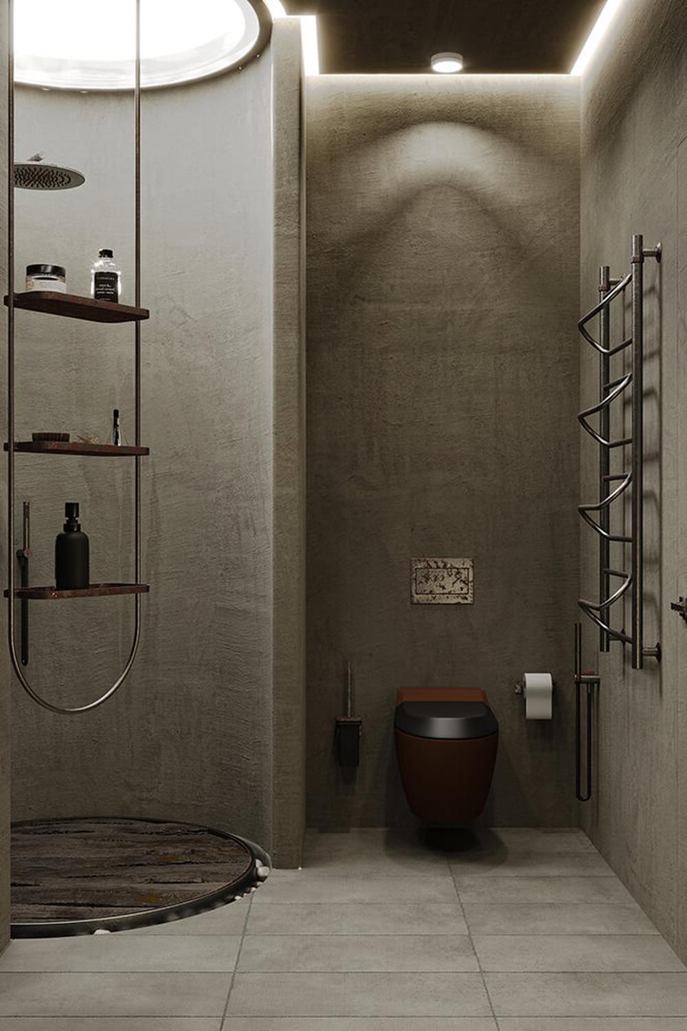 Baño wabi-sabi con texturas de cemento y diseño circular en la ducha.