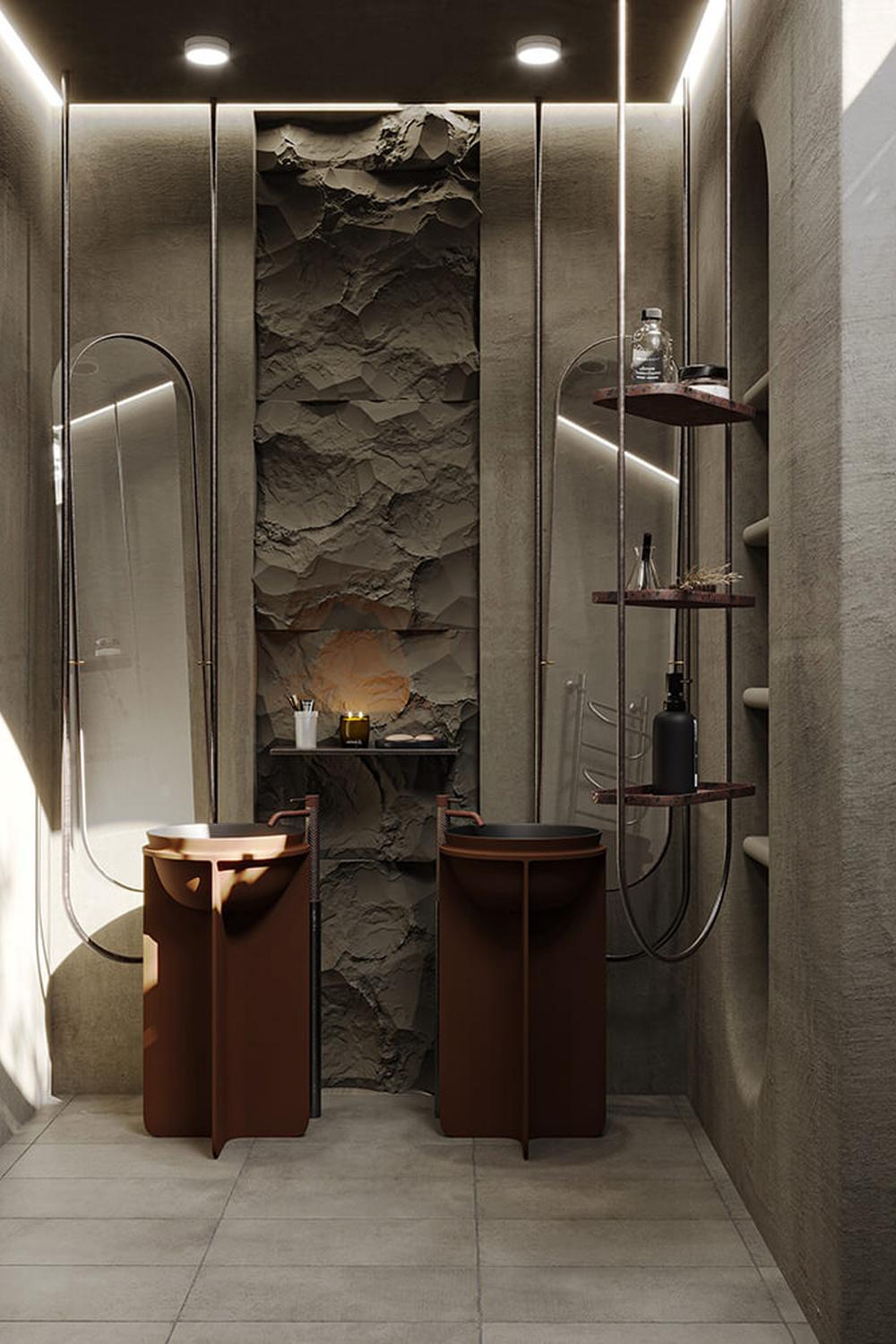Baño wabi-sabi con diferentes tonalidades y texturas.