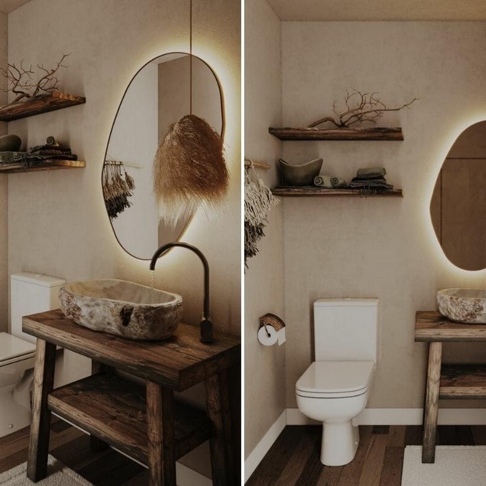 Baño wabi-sabi que combina madera rústica y piedra.