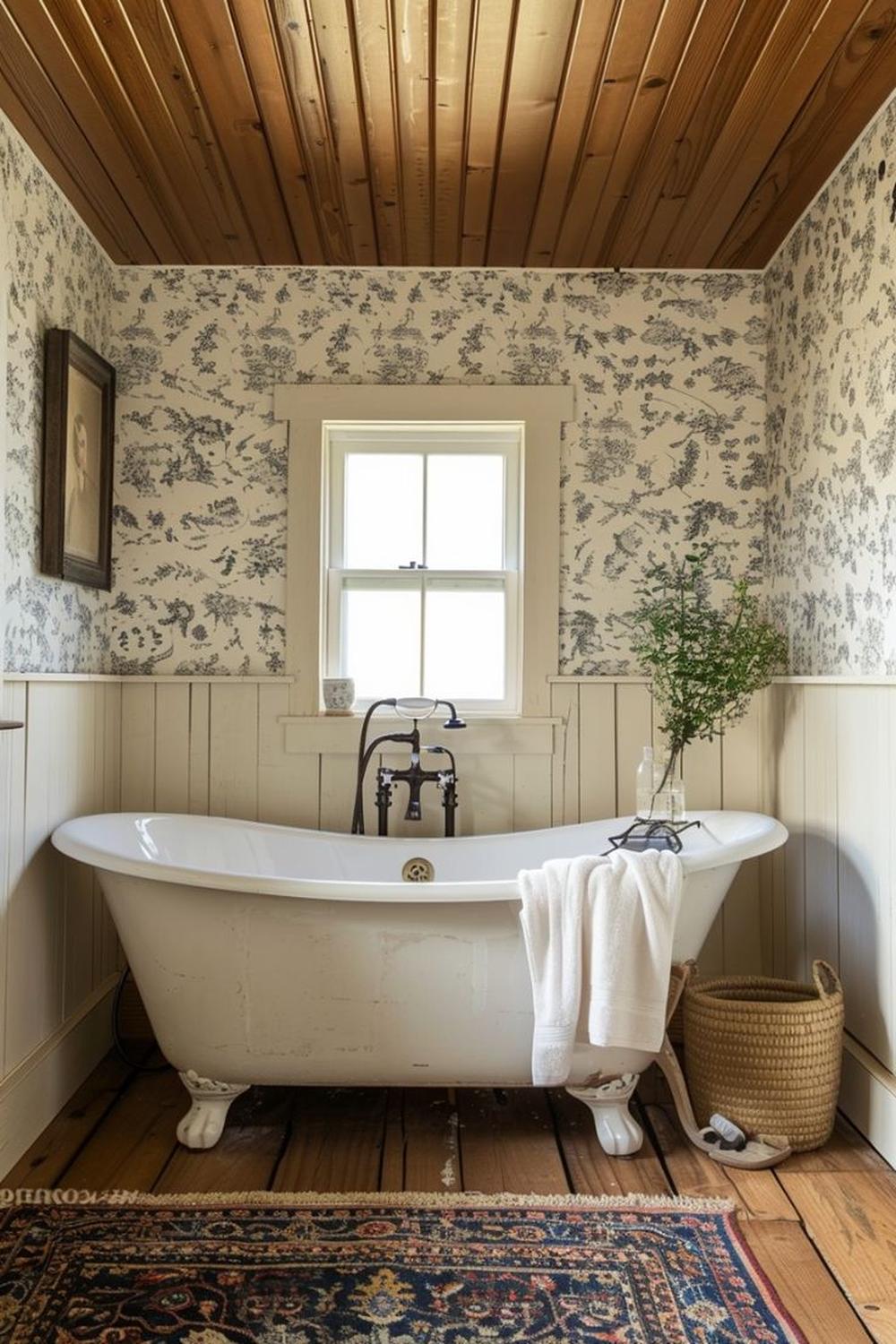 Baño rústico con techo de madera y papel pintado floral