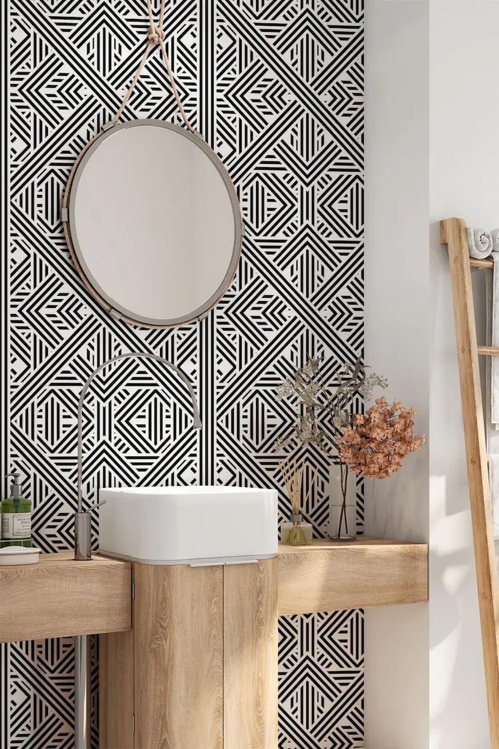 Unique geometric forms in an eclectic bathroom design.