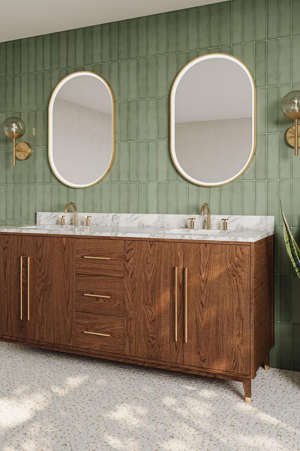 Walnut vanity integrating classic elements with modern design.