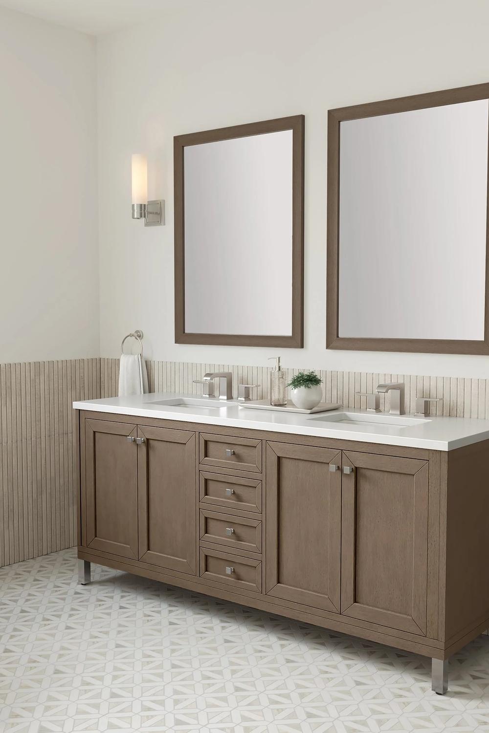 Contemporary walnut vanity with a blend of personalization and practicality.