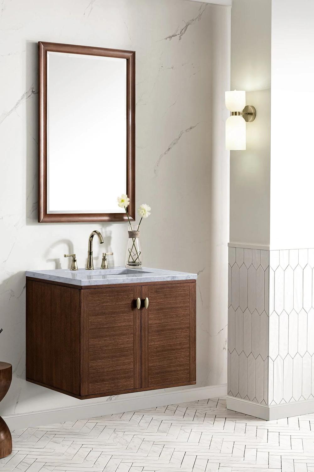 Modern walnut bathroom vanity featuring luxurious fixtures and elegant finishes.