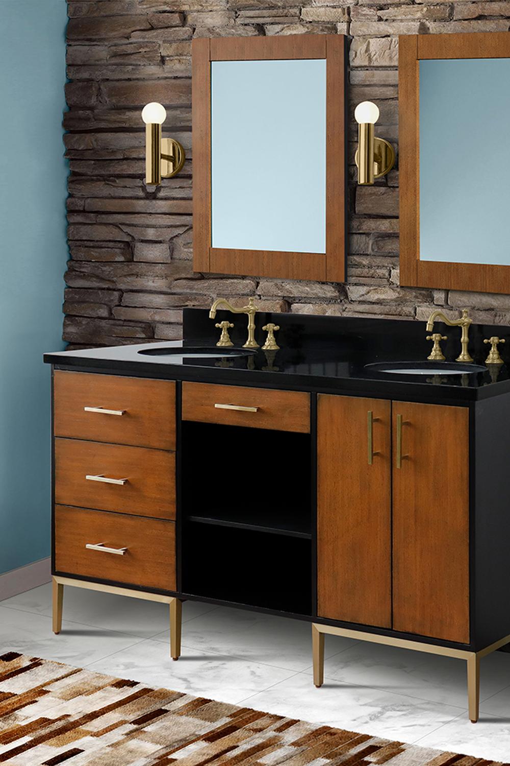 Stylish walnut bathroom design emphasizing openness and flow.
