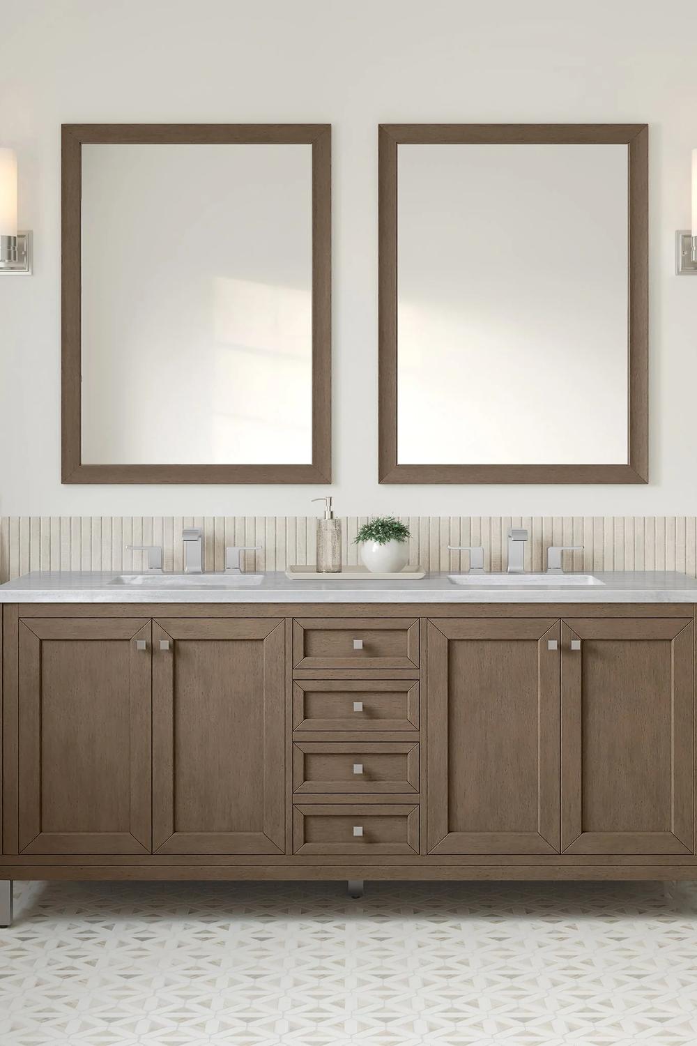Slim walnut bathroom vanity featuring framed mirrors and clean design.