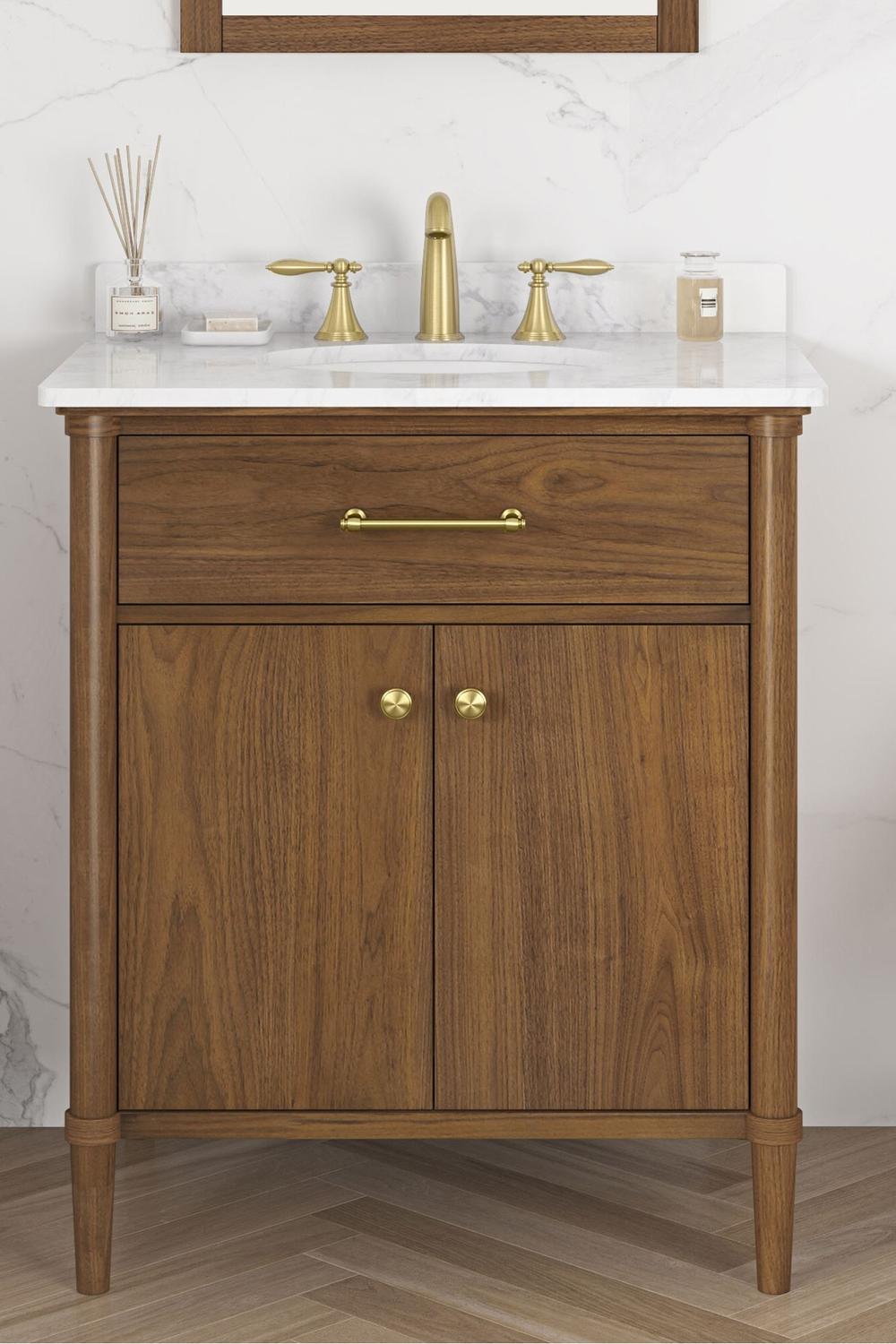 Sophisticated walnut bathroom design emphasizing soft textures and natural elements.