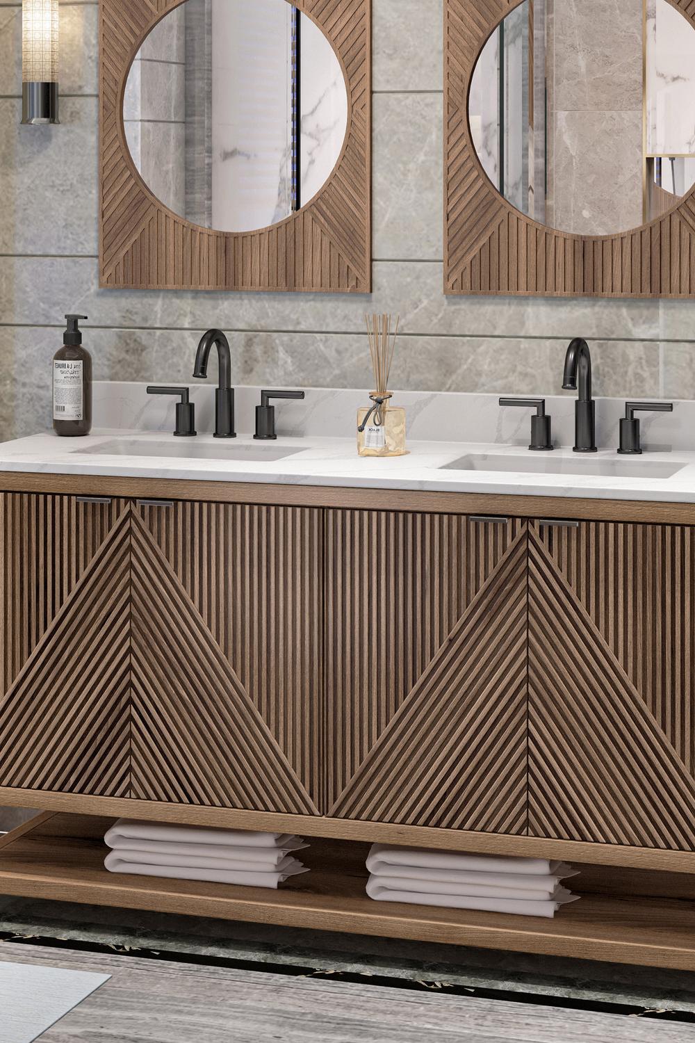Luxurious walnut bathroom vanity boasting rich tones and a modern appeal.