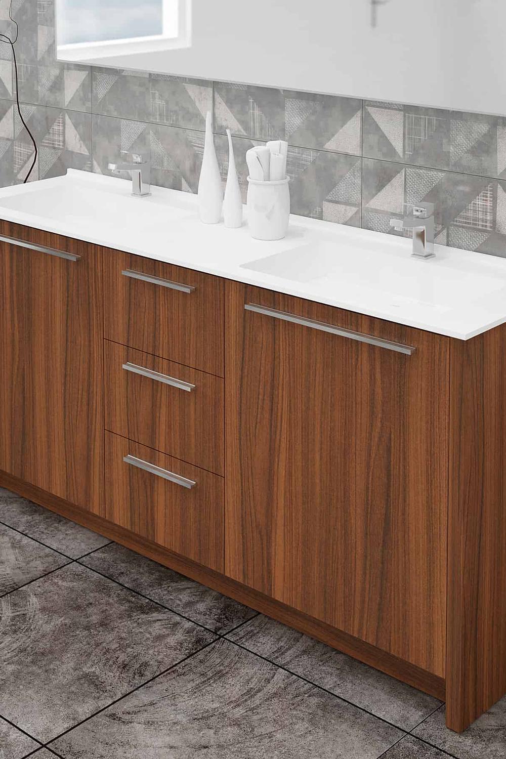 Innovative walnut bathroom vanity focusing on clever storage solutions.