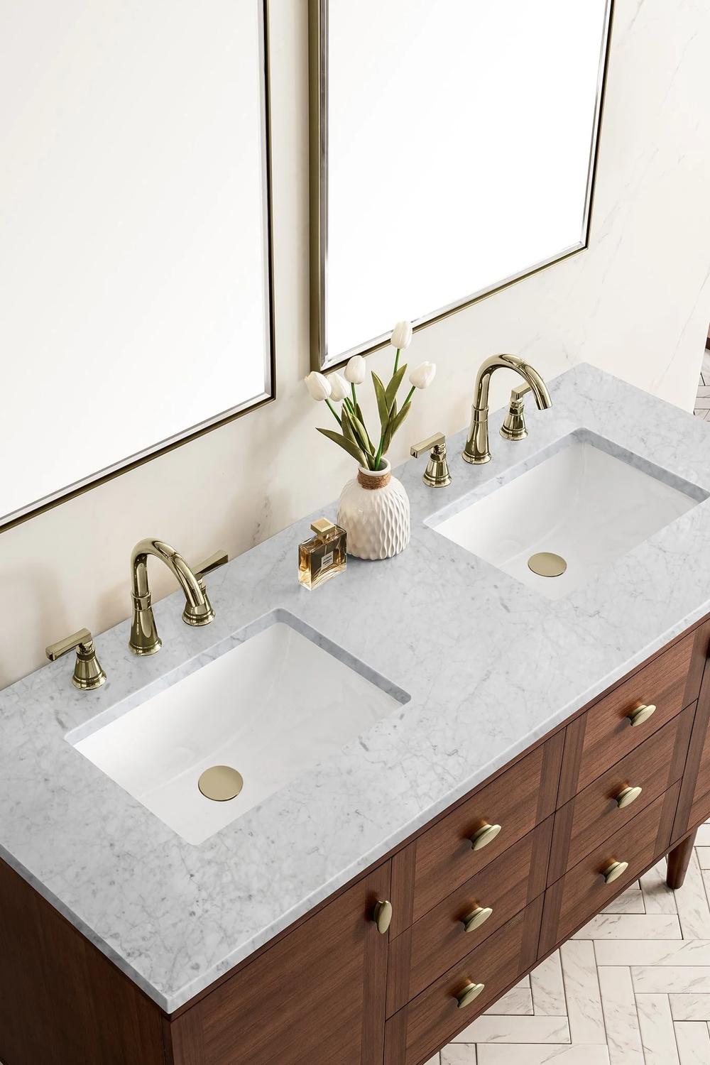 Sophisticated walnut vanity details highlighting elegant craftsmanship.
