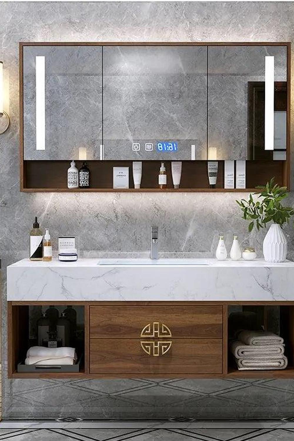 Innovative walnut vanity design providing modern amenities and aesthetic appeal.