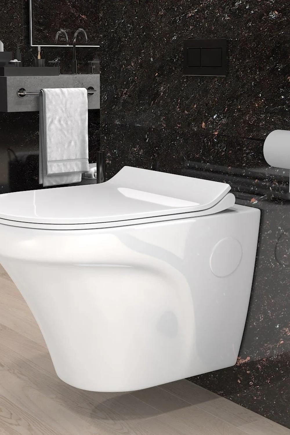 Baño minimalista moderno estilo Western con inodoro de pared