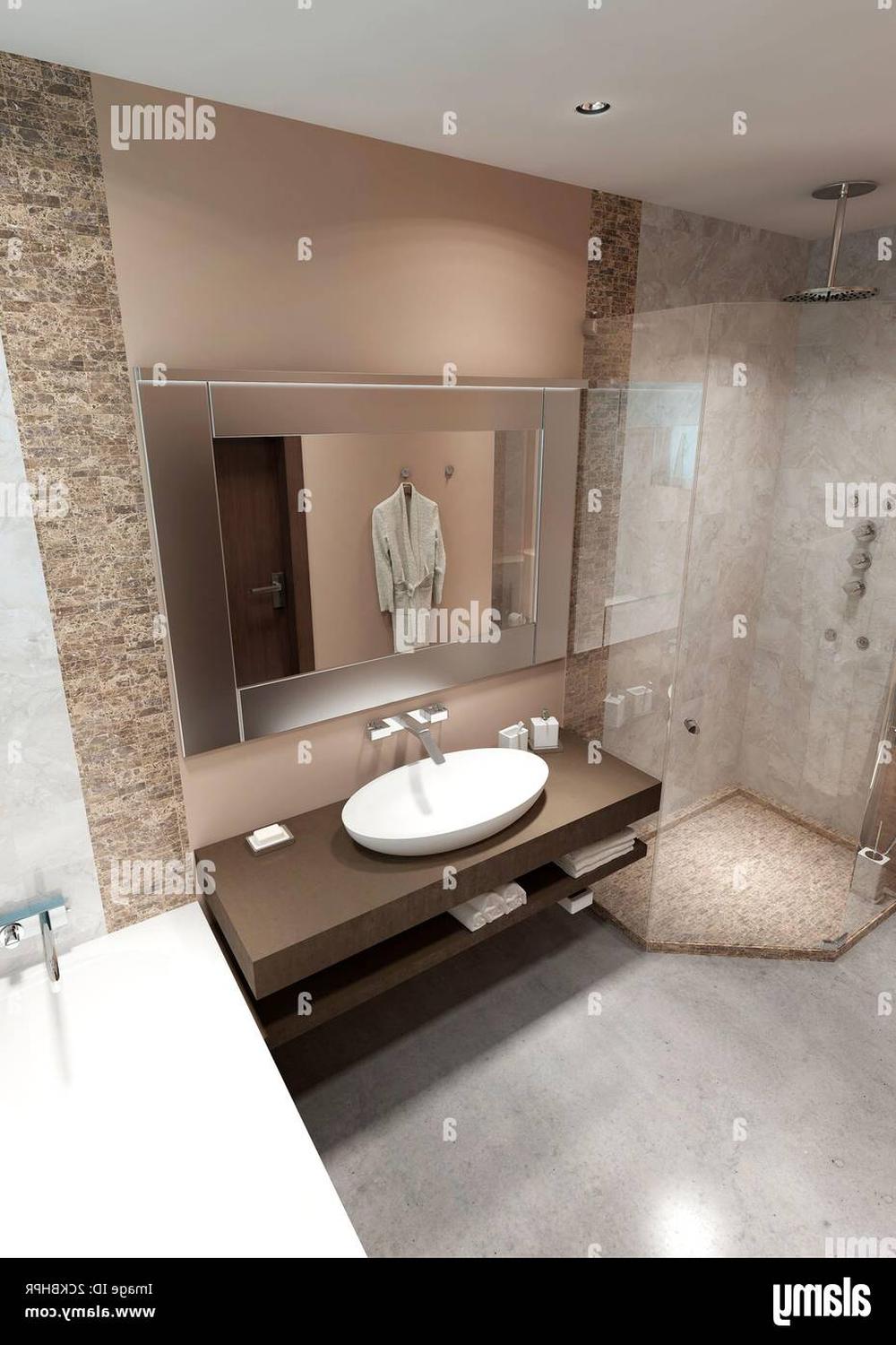 A modern minimal bathroom featuring a soothing white and brown color palette with sleek fixtures and organized space.