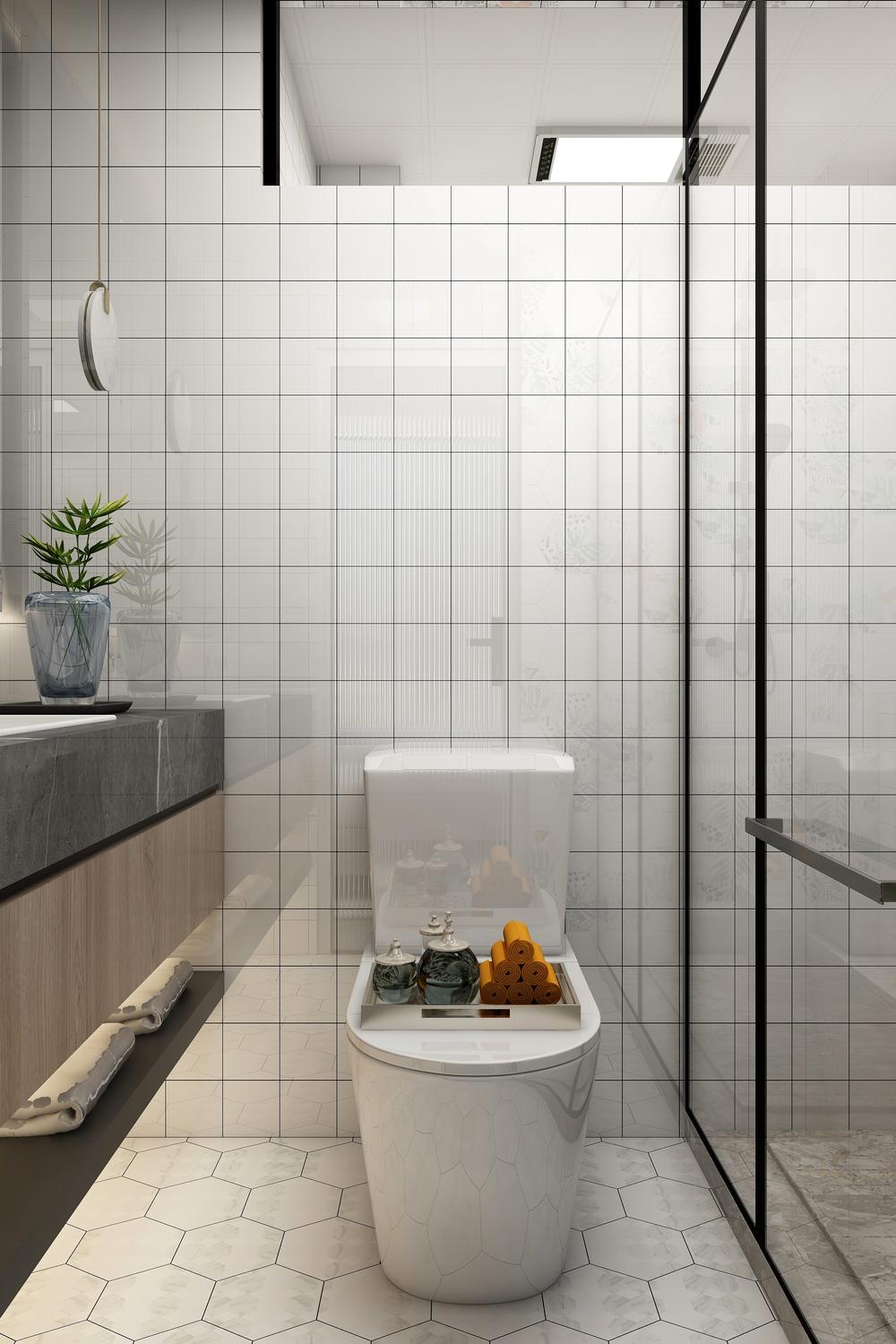A minimal bathroom exuding contemporary elegance with geometrical tiles and sleek cabinetry.