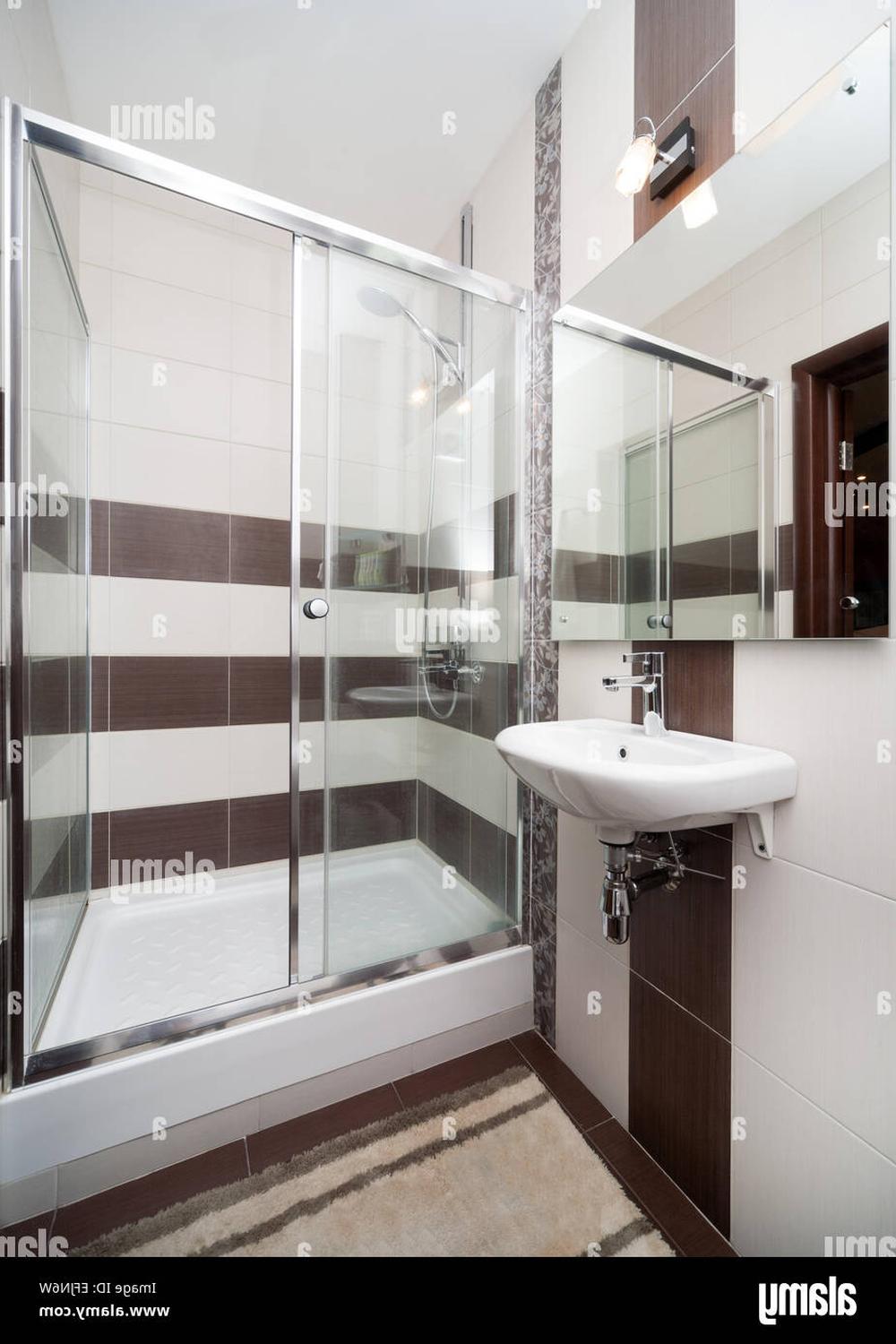 A minimalistic bathroom with a spacious glass shower and a cozy brown-themed color palette.
