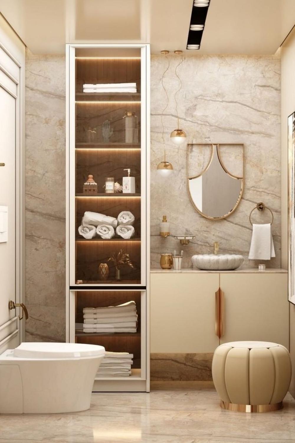 A luxurious bathroom merging textured materials with soft lighting.