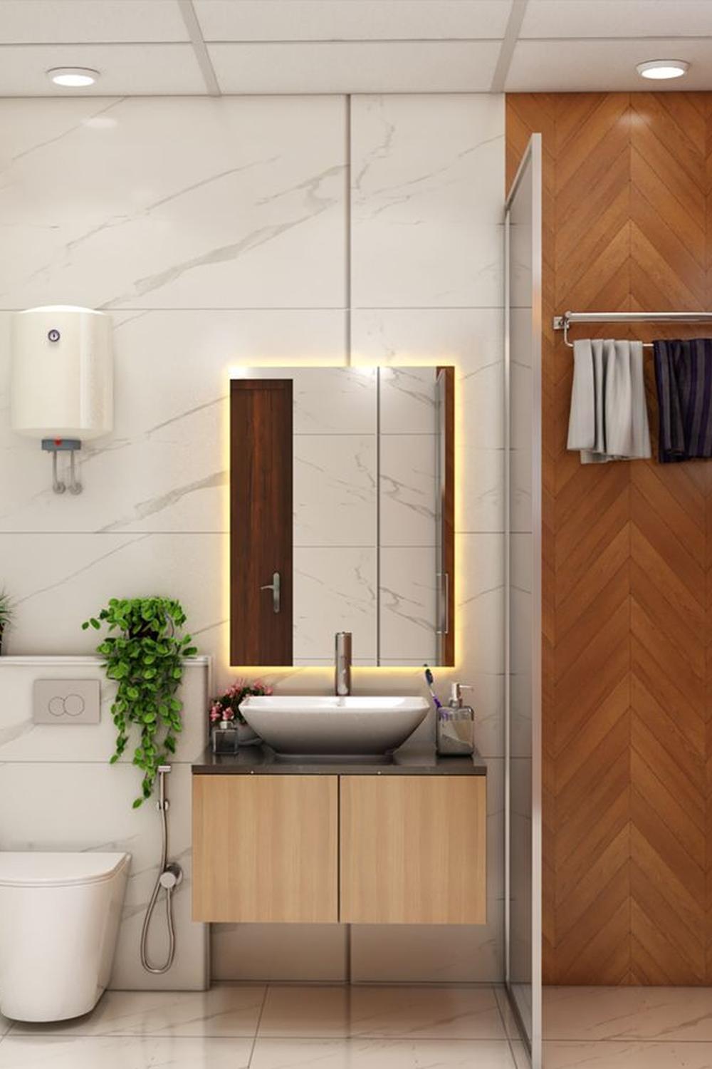 A modern bathroom design featuring organic accents blended with a minimalistic setup.