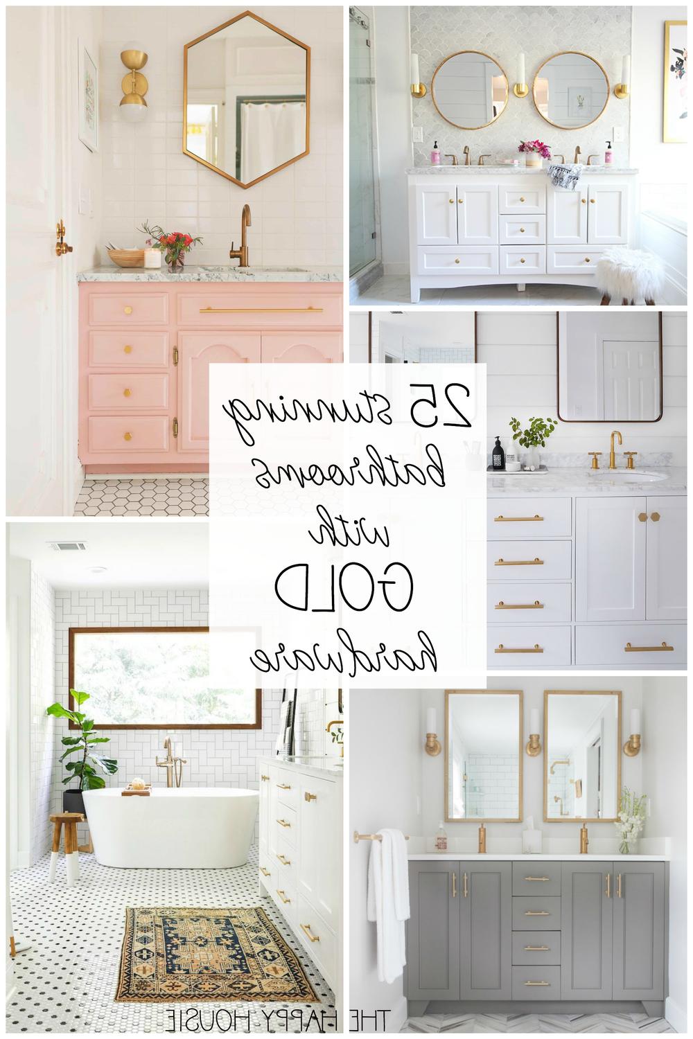 Collection of white bathrooms featuring various styles and gold fixtures.