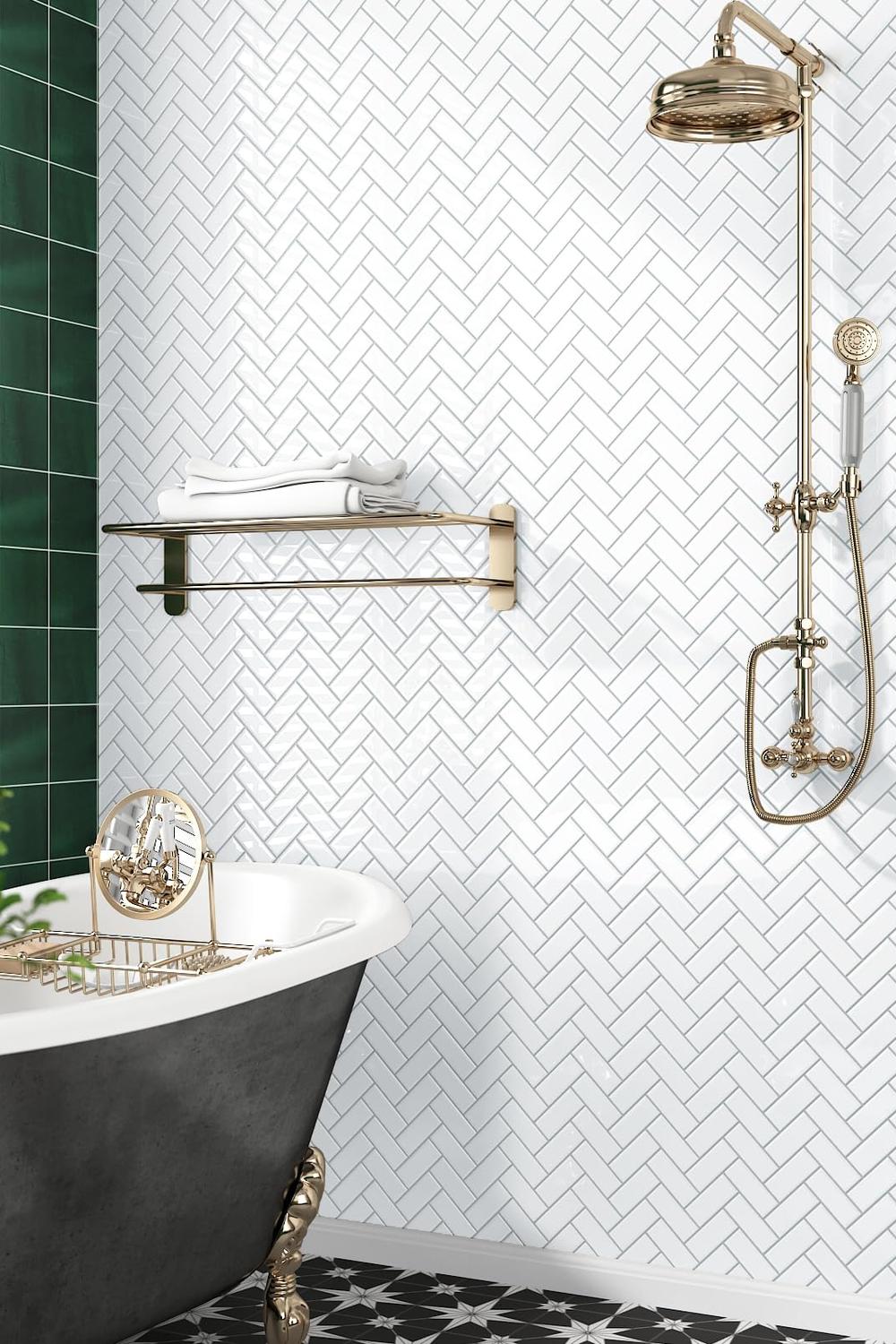 Modern bathroom featuring a vintage-style shower fixture and herringbone tiles