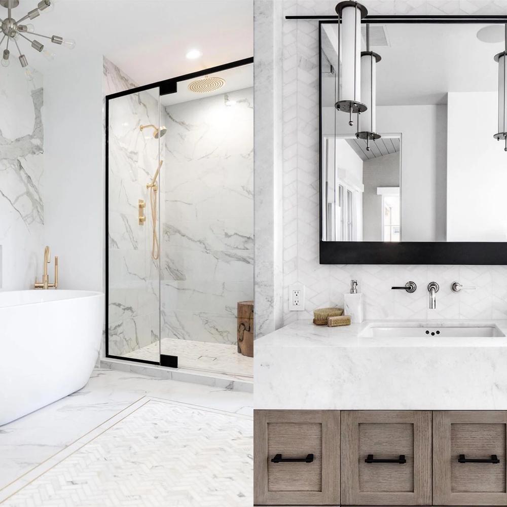 A stylish contemporary bathroom showcasing a cohesive white marble aesthetic with framed glass shower enclosure and modern fixtures.