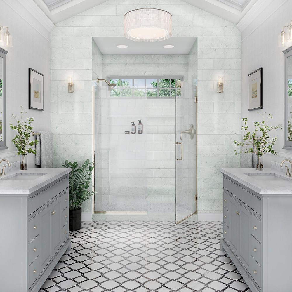 Bathroom featuring dual vanities made with white marble, industrial elements contrasted by soft accents for unique style.