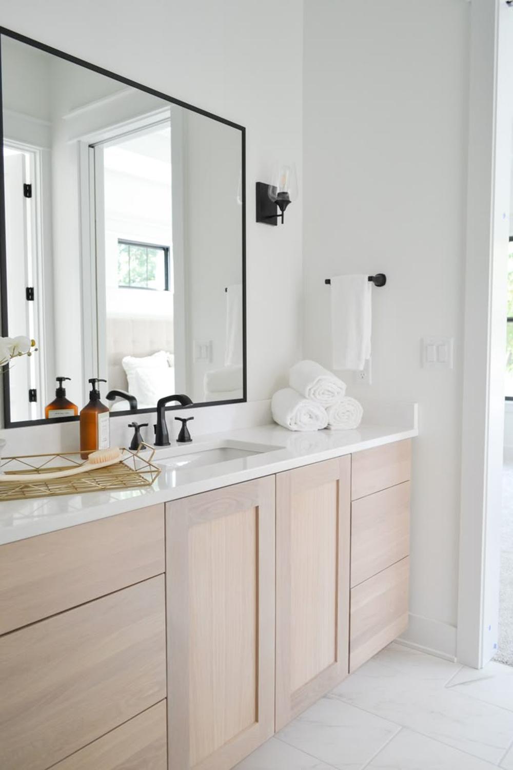 Stylish dual sink vanity with white oak finish