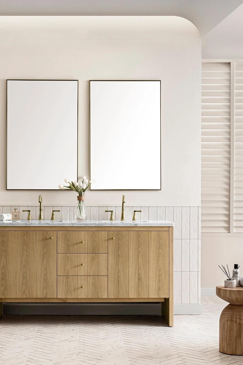 Elegant minimalist vanity with dual sinks and brass knobs