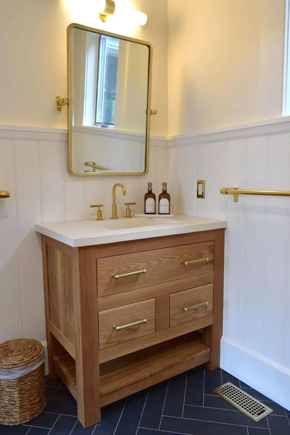 Luxurious oak vanity design with gold accents
