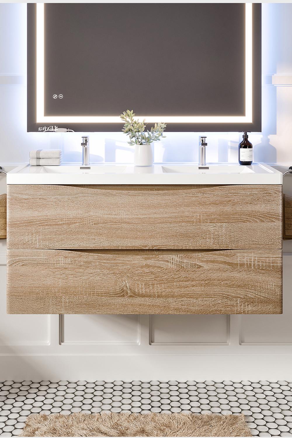 Serene bathroom with layers of texture featuring a white oak vanity