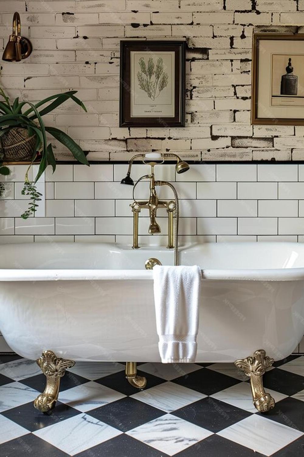 Stylish bathroom design featuring classic white subway tiles, exposed brick wall, and clawfoot tub.