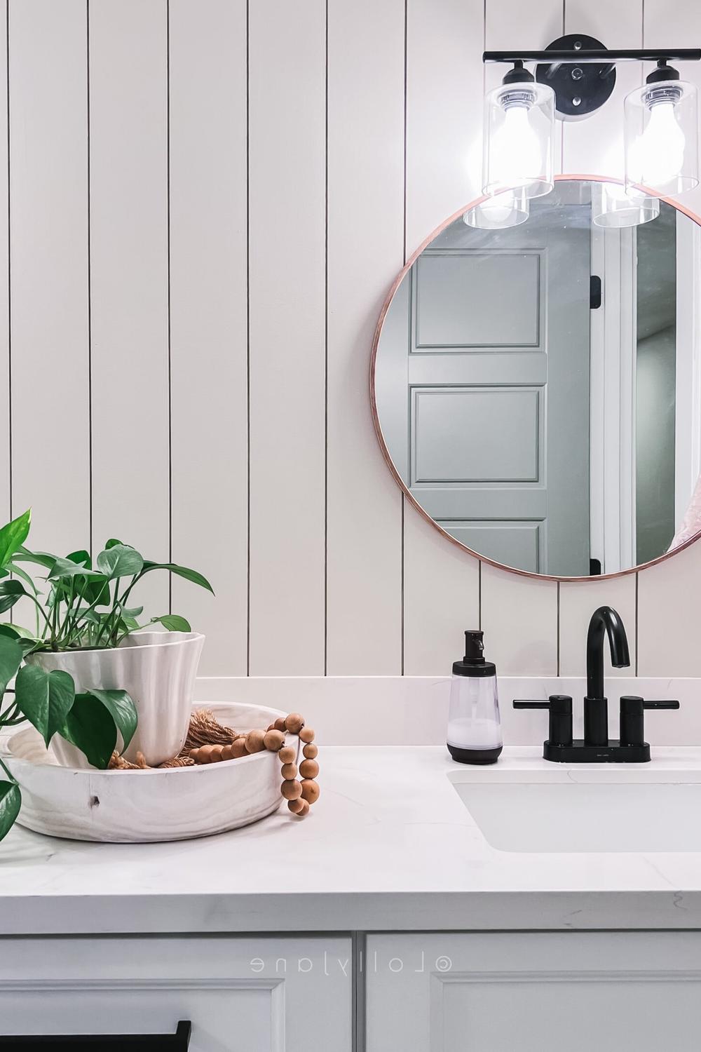 Modern bathroom showcasing white shiplap walls with elegant decorative elements and sleek fixtures.