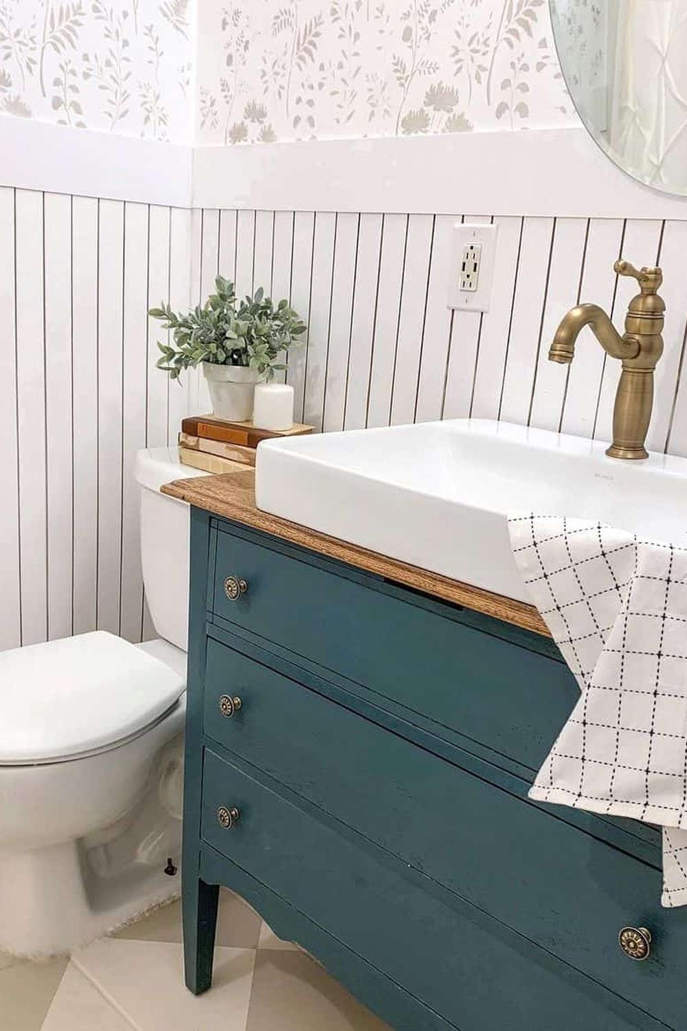 Charming bathroom combining rustic and modern styles with eye-catching designs.