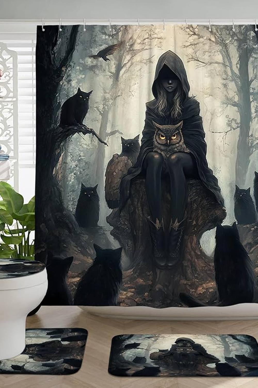 Baño oscuro con detalles místicos