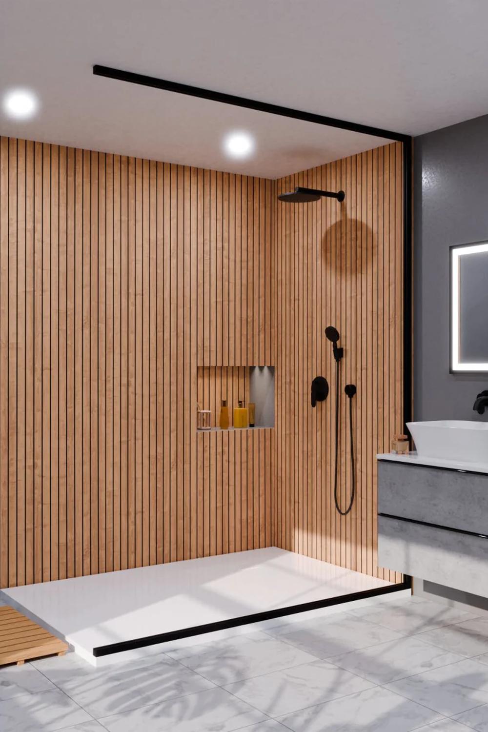 Baño moderno con un área de ducha de madera que enfatiza el diseño contemporáneo