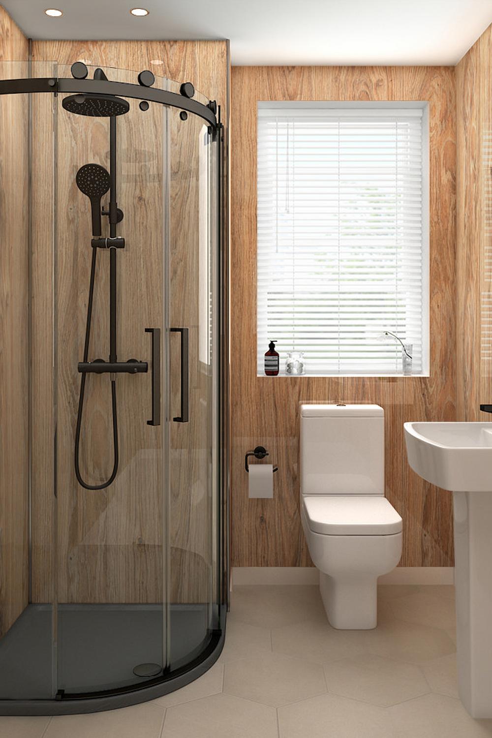Baño moderno con diseño estiloso que destaca por los paneles de madera