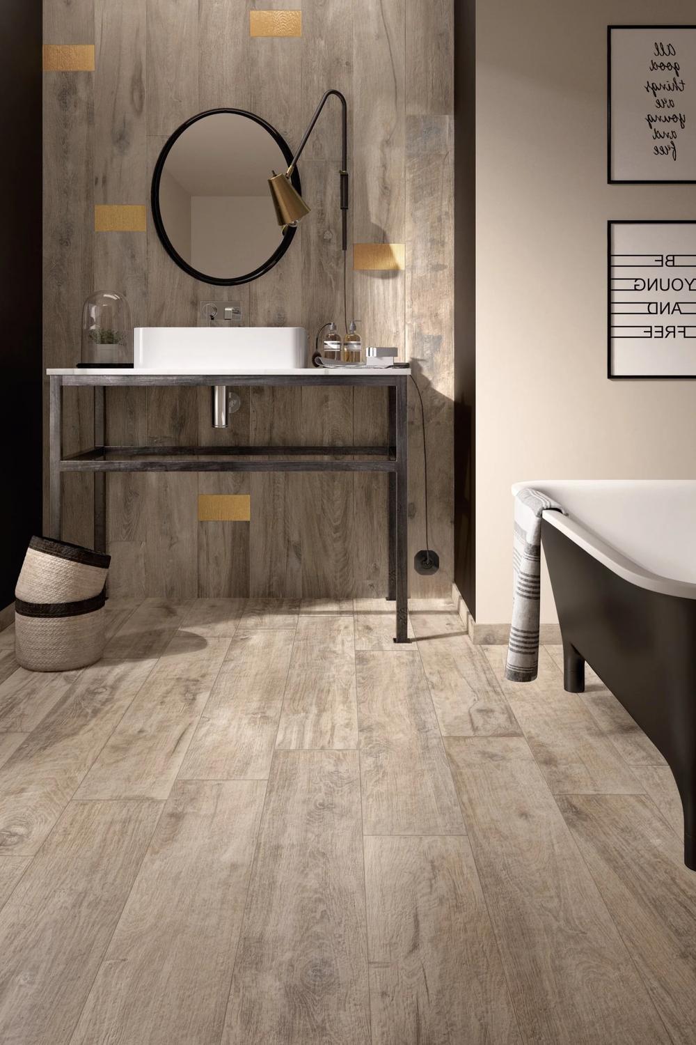 Sleek modern bathroom with minimalist decor and thoughtful wood tile elements.